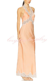 Anniversary Sweet Satin Lace Trim Halter Backless Maxi Dress