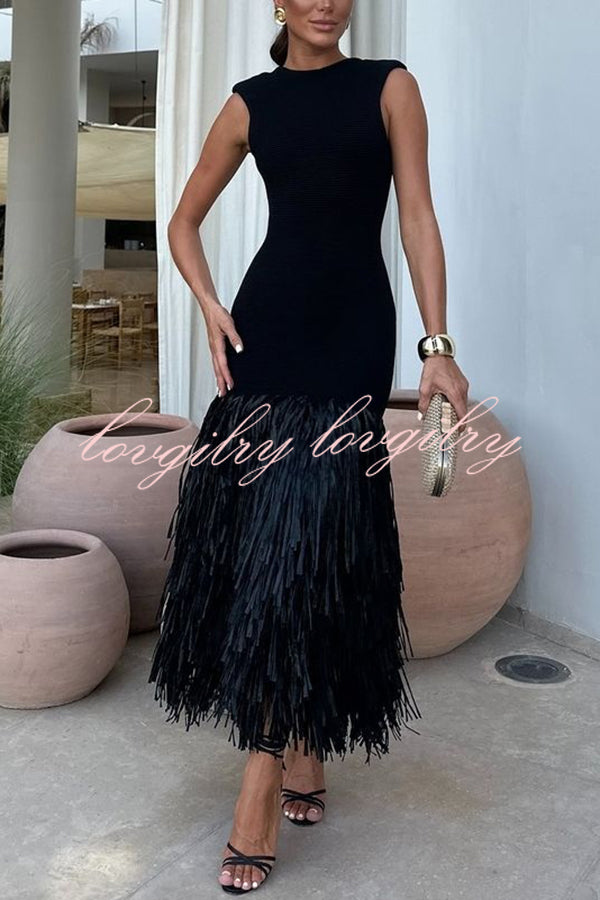 Christie Ribbed Patchwork Tiered Fringed Hem Zipper Backless Maxi Dress