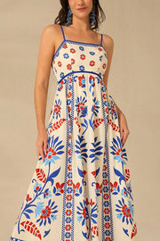 Unique Printed Sling Back Pleated Loose Holiday Maxi Dress