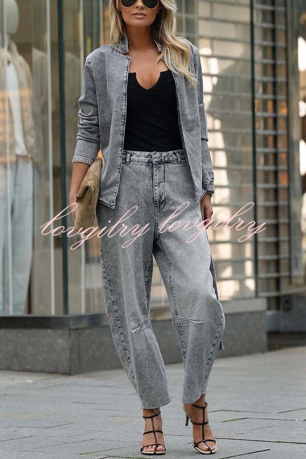 Casual Meetup Denim Stand Neck Long Sleeve Belted Loose Jacket