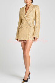 Heels Click Tweed Fabric Pearl Button Long Sleeve Lapel Blazer Mini Dress