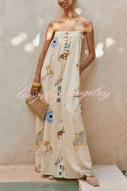 Linen Blend Sling Backless Loose Holiday Maxi Dress