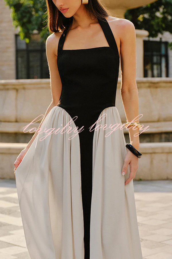 Fashion Contrast Color Stitching Sleeveless Backless Slim Maxi Dress