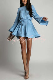 Fashion Bell Sleeve Loose Waist Tie Pleated Mini Dress