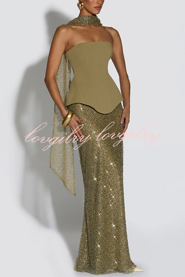 Oakley Corset Strapless Top and Sequin High Rise Maxi Skirt Scarf Set