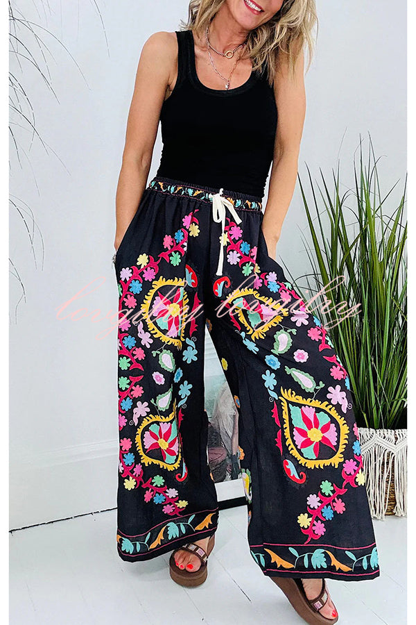 Hippie Style Unique Floral Denim Print Elastic Waist Pocket Wide Leg Pants