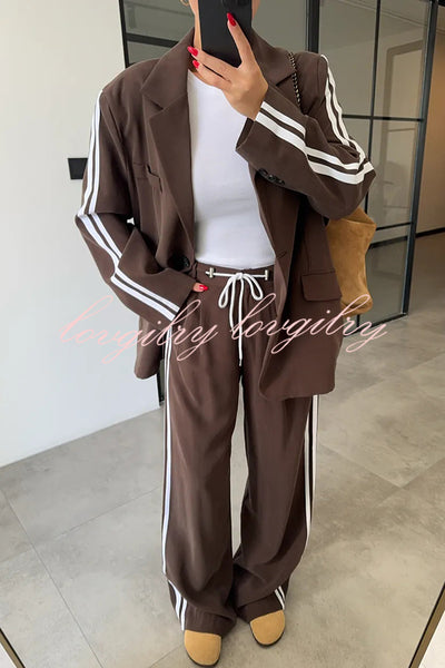 Levvie Striped Trim Long Sleeve Lapel Blazer and Rope Belt Pocketed Wide Leg Pants Set