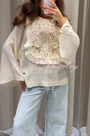 Fashionable Round Neck Tie Hollow Stitching Casual Shirt