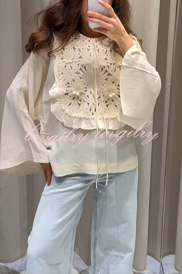 Fashionable Round Neck Tie Hollow Stitching Casual Shirt