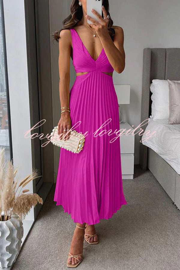 Summer Social Stain Pleated Cutout Waist Midi Dress