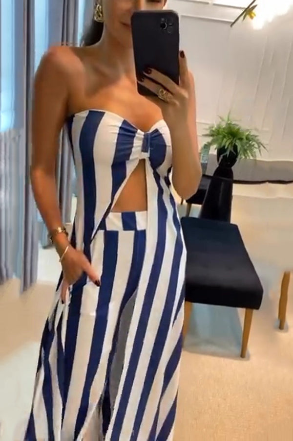 Striped Print Off-Shoulder Long Casual Top and Loose Pocket Straight Pants Set