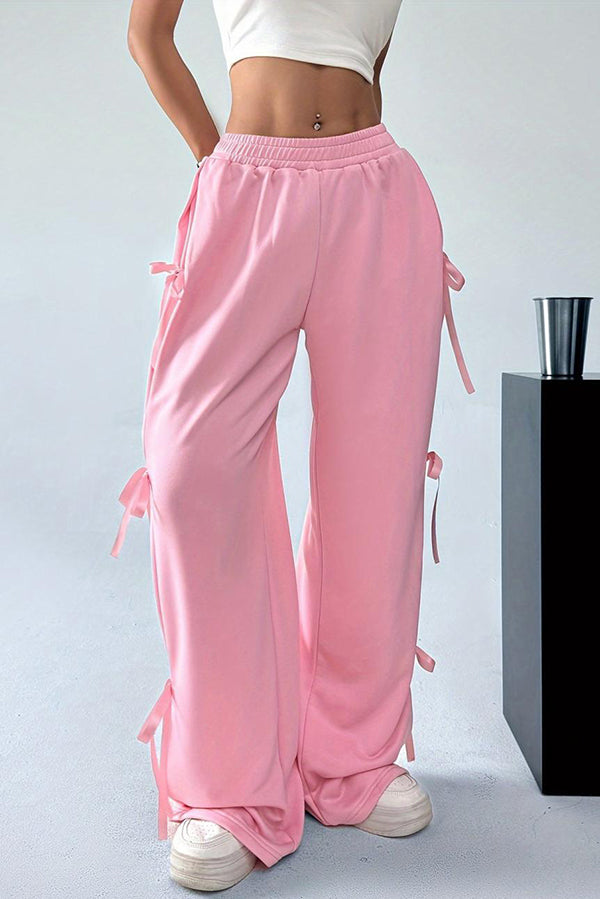 Fashion Elastic Waist Side Bow Casual Straight Wide-leg Pants