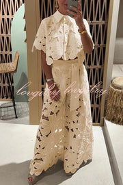 Redefining Elegance Floral Lace Cropped Shirt and Belt Pocketed Wide Leg Pants Set