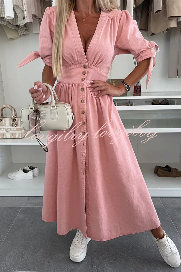 Solid Color V-neck Button-down Denim Midi Dress