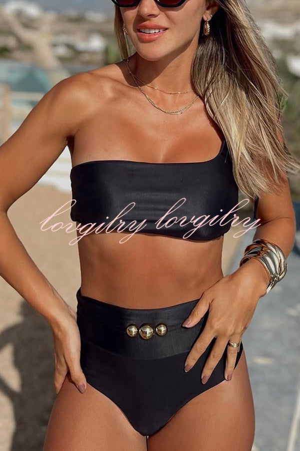 Solid Color One-shoulder High Waist Stretch Bikini Swimsuit