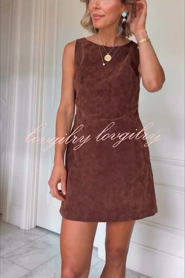 Atlas Faux Suede Open Back Button Accents Zipper Mini Dress