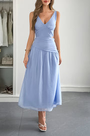 Solid Color V-neck Sleeveless Waist Hollow Out Maxi Dress