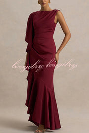 Freya Satin Boat Neck Waterfall Frill Sleeve Drape Maxi Dress