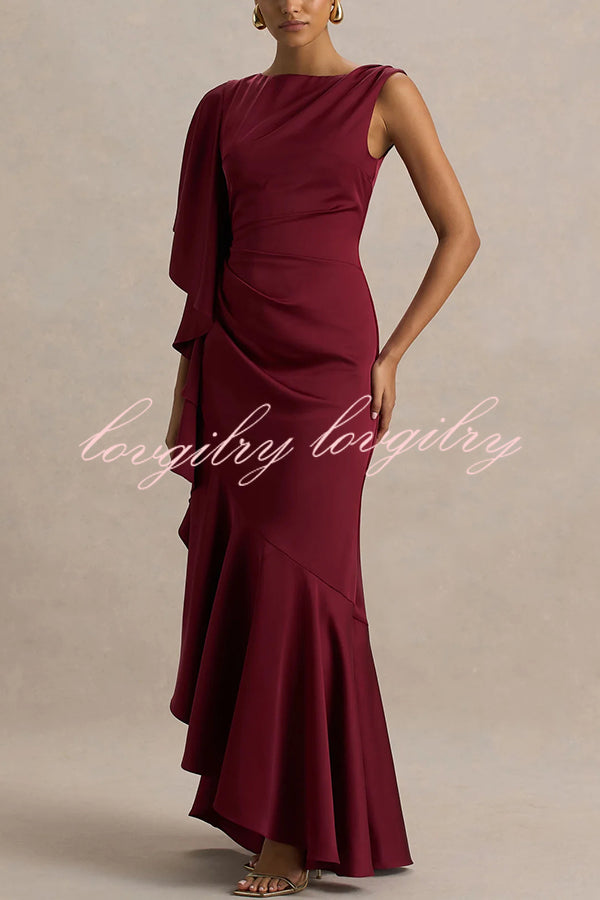 Freya Satin Boat Neck Waterfall Frill Sleeve Drape Maxi Dress