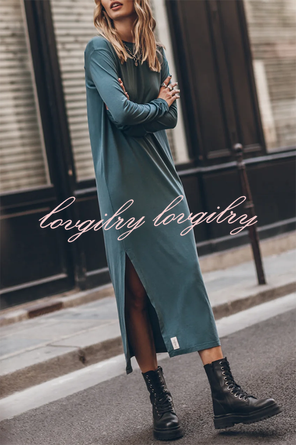 The Bedisse Cotton Blend Long Sleeve Relaxed Slit Midi Dress