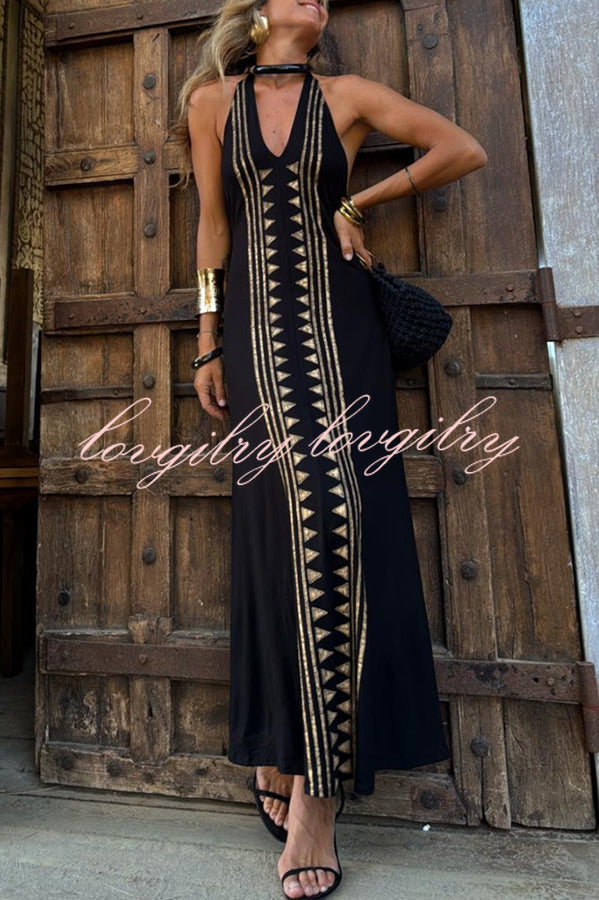 Meret Gold Geometric Print Halter Backless Stretch Maxi Dress