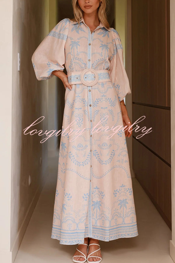 Linen Blend Lapel Puff Sleeve Casual Waist Belted Maxi Dress