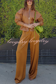 Pop of Brown Faux Leather Double Zipper Detail Balloon Sleeve Lapel Jacket
