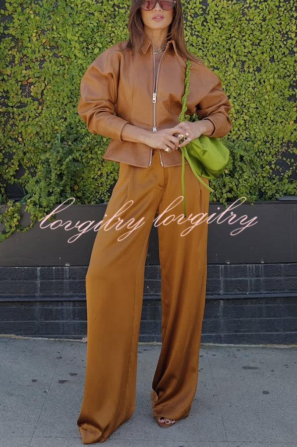 Pop of Brown Faux Leather Double Zipper Detail Balloon Sleeve Lapel Jacket