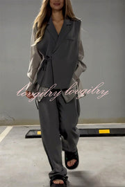 Chic and Elegant Chiffon Patchwork Irregular Lace-up Jacket and Pocketed Straight-leg Pants Set