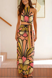 Unique Print Halter Neck Waist Tie Holiday Maxi Dress