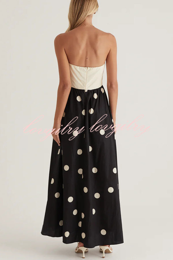 Fashion Polka Dot Print Tube Top Spliced Maxi Dress