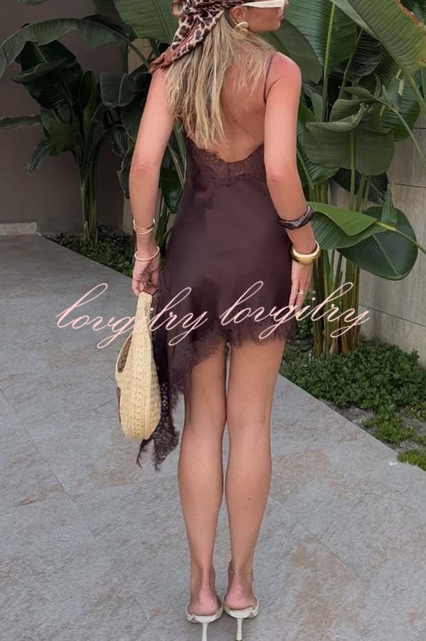 Elouise Satin Lace Trim V-neck Asymmetrical Hem Slip Mini Dress