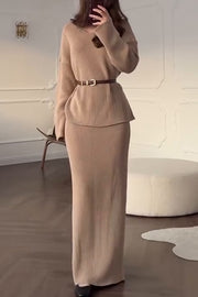 Solid Color Long-sleeved V-neck Casual Knitted Sweater and Elegant Maxi Skirt Set