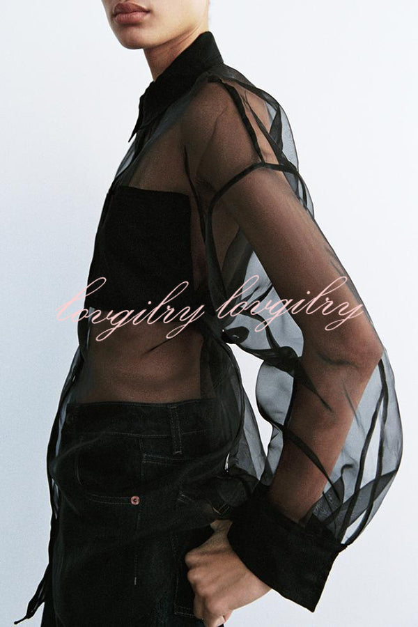 Party Partner Organza Patchwork Back Tie-up Semi-sheer Loose Blouse