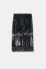 City Queen Sequin Tassel Round Pieces High Rise Back Zipper Midi Skirt