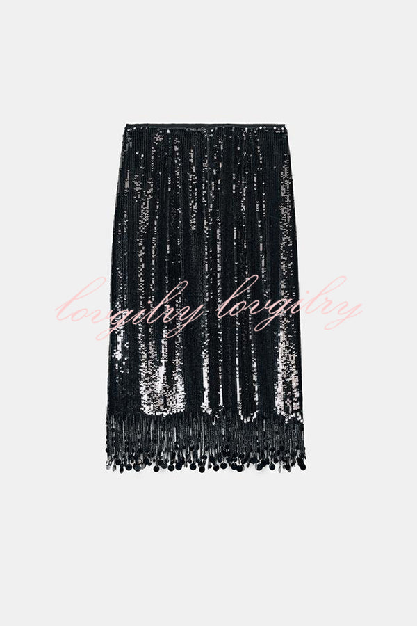 City Queen Sequin Tassel Round Pieces High Rise Back Zipper Midi Skirt