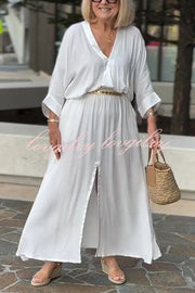 Solid Color V-Neck Casual Loose Pocket Slit Maxi Dress