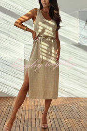 Fashion Sleeveless V-neck Sexy Two-side Slit Midi Dress