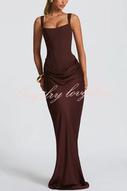 Larrah Square Neck Back Lace-up Satin Drape Hem Maxi Dress