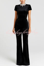 Lucia Luxurious Velvet Jewel-encrusted Turtleneck Short Sleeve Flare Stretch Jumpsuit