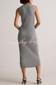 Soft and Warm Cashmere Ribbed Knit Sleeveless Midi Sweater Dress