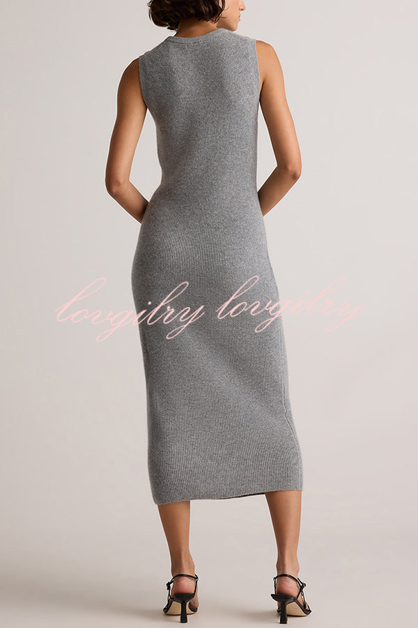 Soft and Warm Cashmere Ribbed Knit Sleeveless Midi Sweater Dress