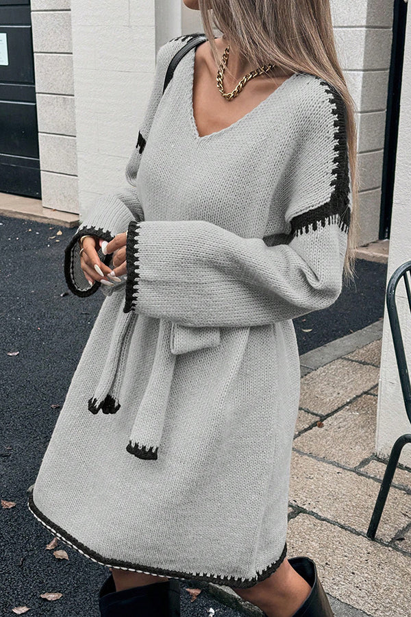 Stylish Loose-fitting Long-sleeved Tie-waist Knit Mini Dress