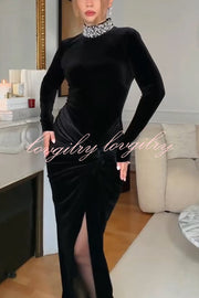 Love Lost Velvet Embellished High Neck Long Sleeve Twist Slit Maxi Dress