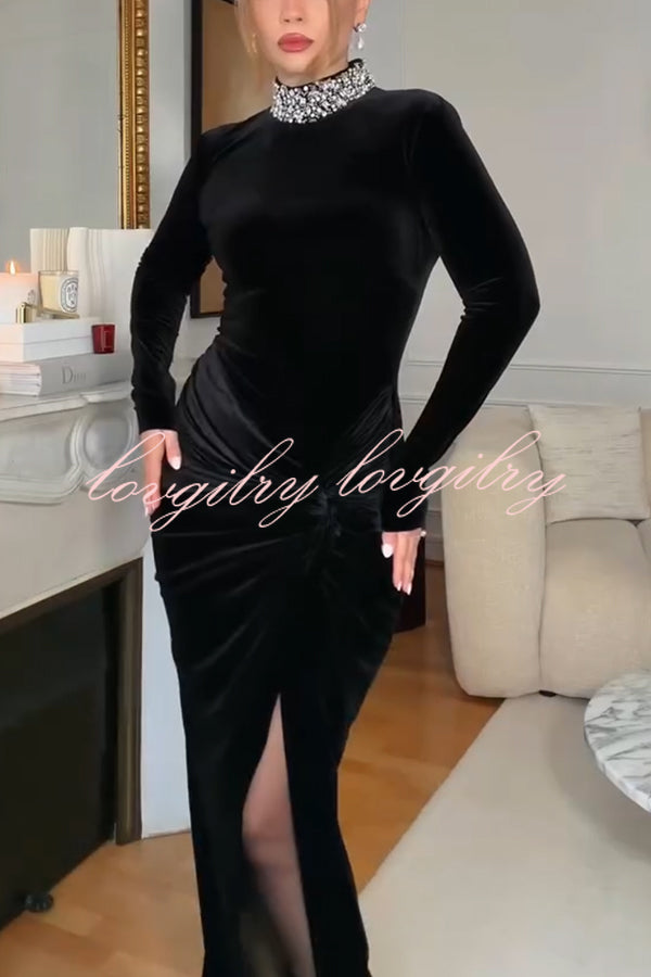 Love Lost Velvet Embellished High Neck Long Sleeve Twist Slit Maxi Dress