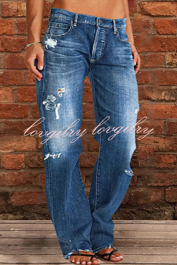 Vintage Washed Ripped Wide Leg Jeans