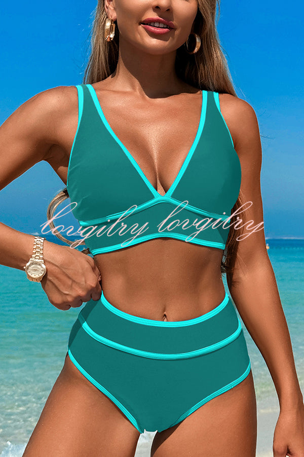 Solid Color Contrast High Waist Stretch Bikini Swimsuit