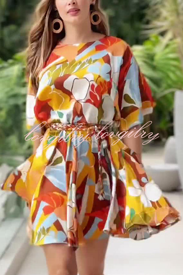 Unique Printed Round Neck Short Sleeve Waist Tie Vacation Mini Dress