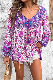 Intricate Floral Print V Neck Lace Up Paneled Long Sleeve Shirt