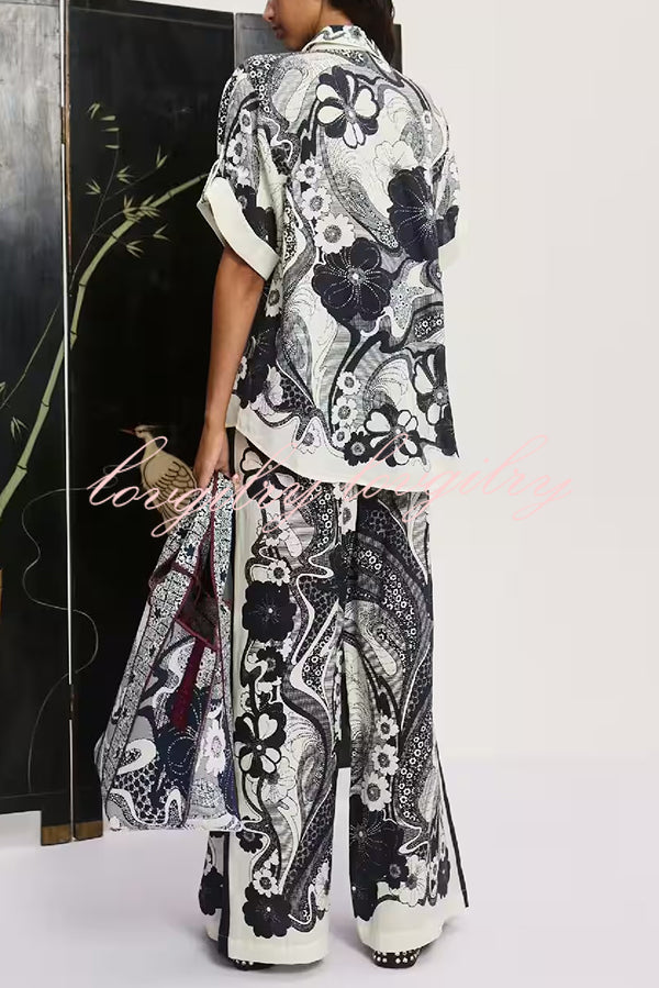 Linen Blend Lapel Short Sleeve Loose Top and Elastic Waist Casual Pocket Wide Leg Pants Set